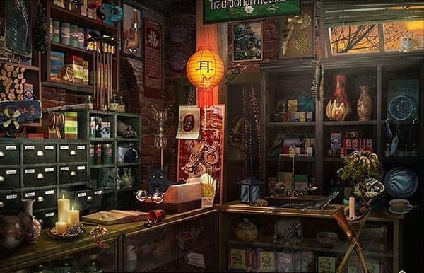 The crowded shelves of a magic shop. A paper lantern hangs in the centre, and around it, shelves and small draws are filled with a thousand different myserious Items. 